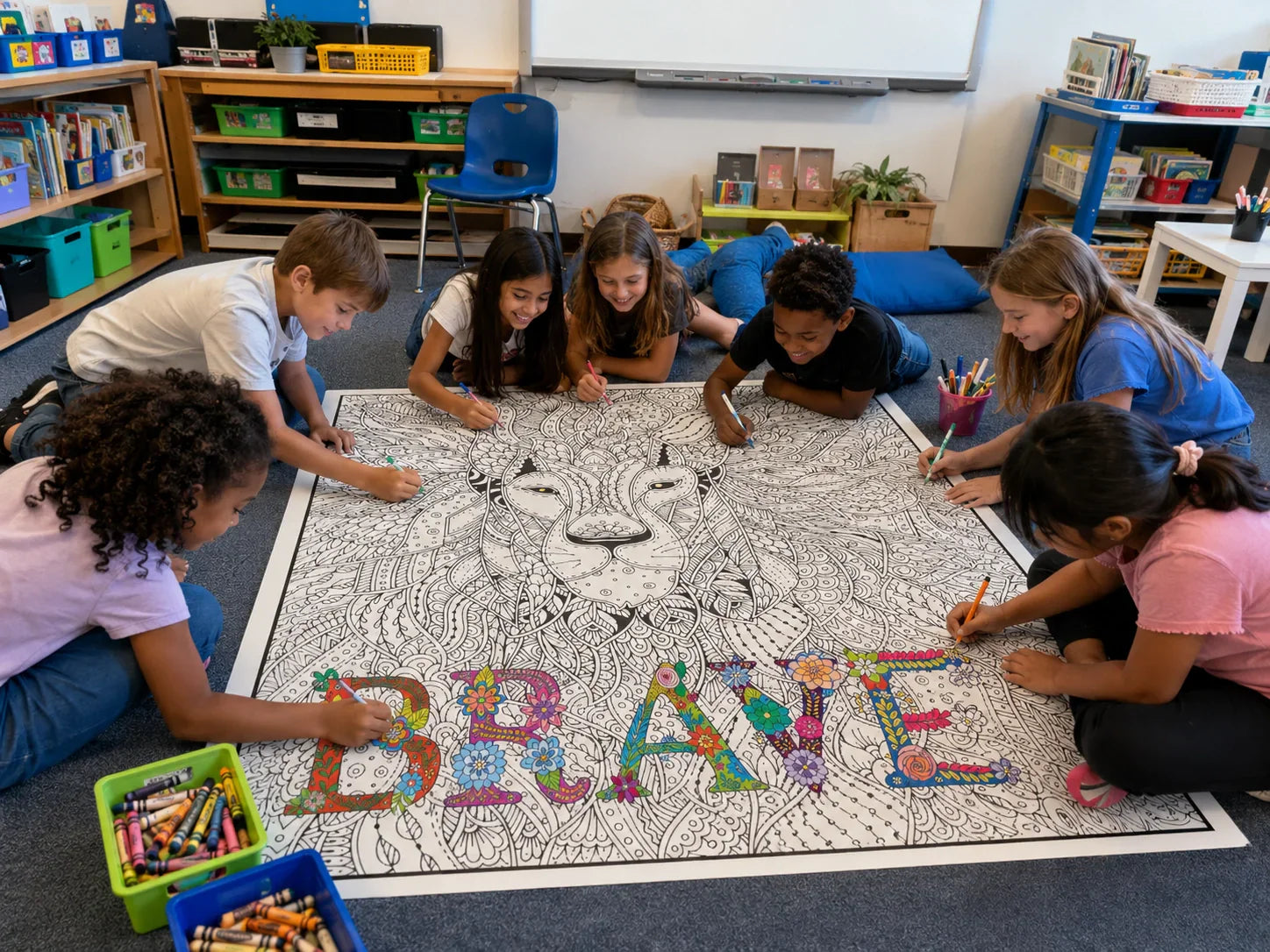 First day of school icebreaker activity — kids coloring a giant poster by SJPrinter, classroom group activity