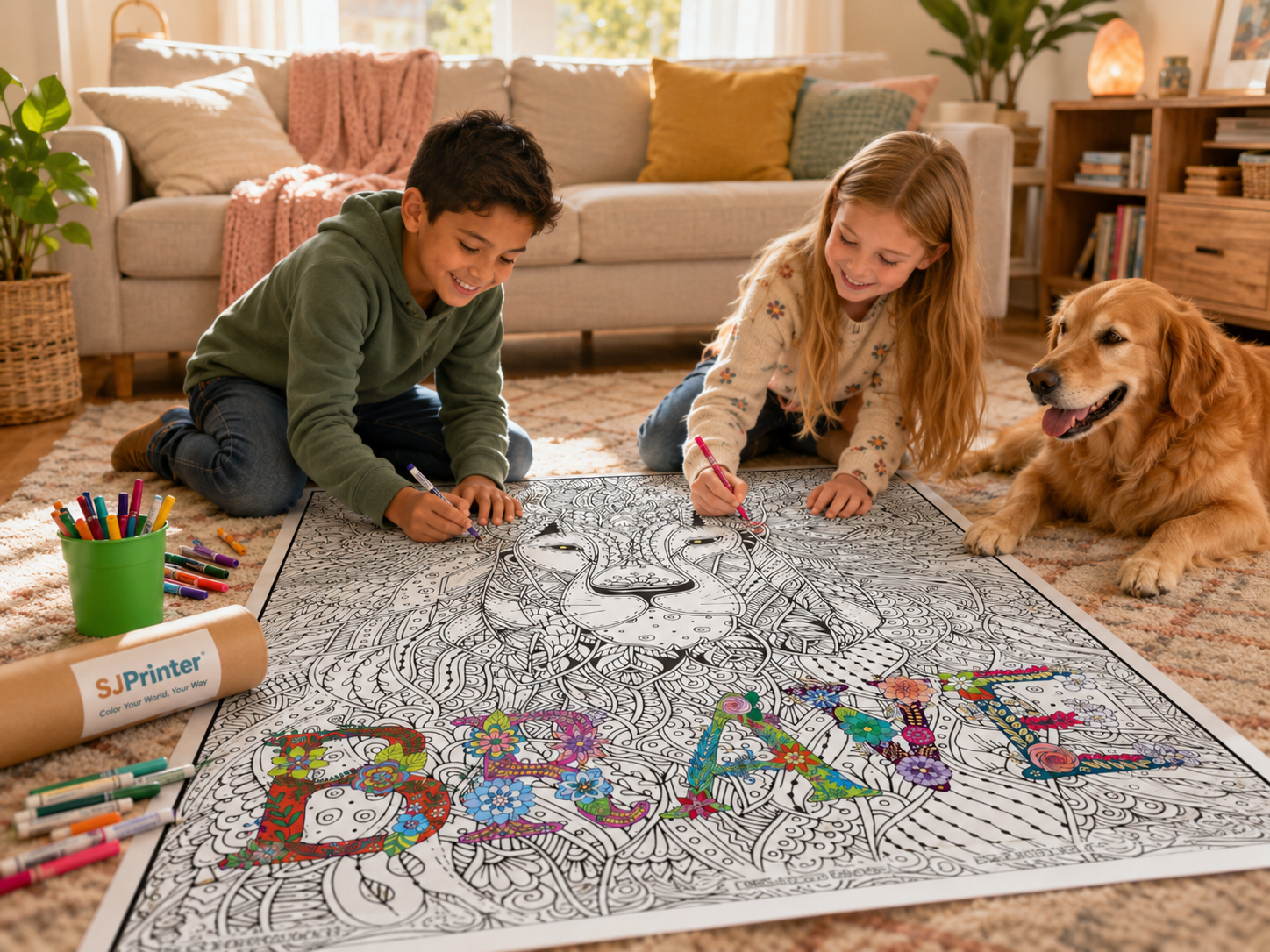 Kid coloring a giant coloring poster on the floor