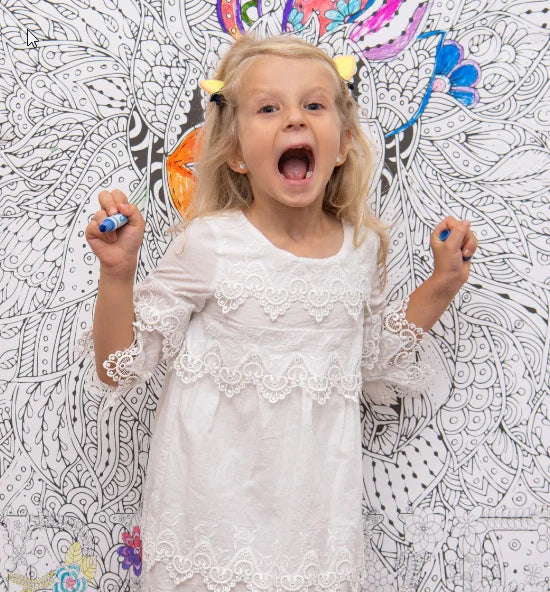 Kids birthday party activity 2026 — children coloring a giant poster by SJPrinter together at a summer birthday party, craft keepsake activity