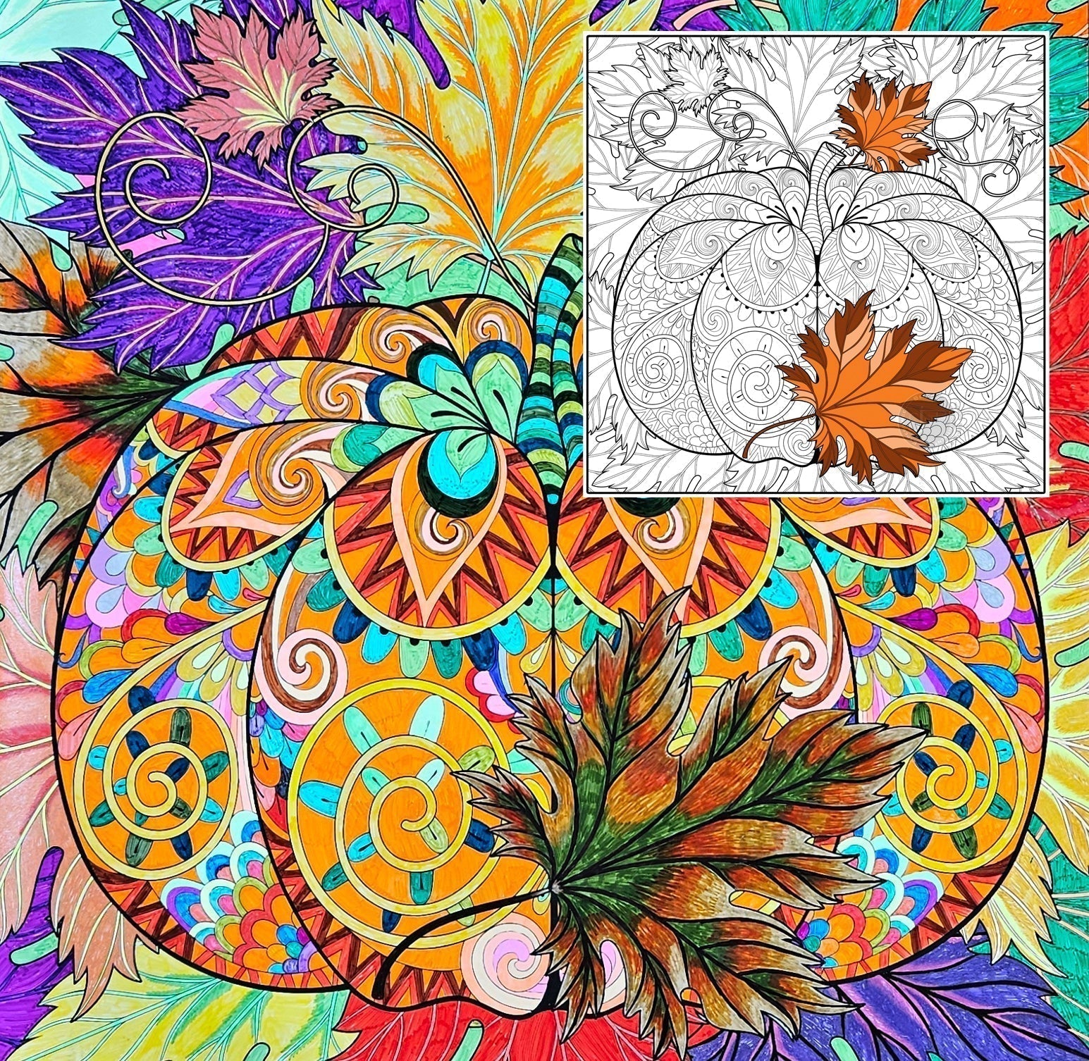 Completed giant Thanksgiving coloring poster displayed in elementary school hallway — collaborative classroom activity printed by SJPrinter