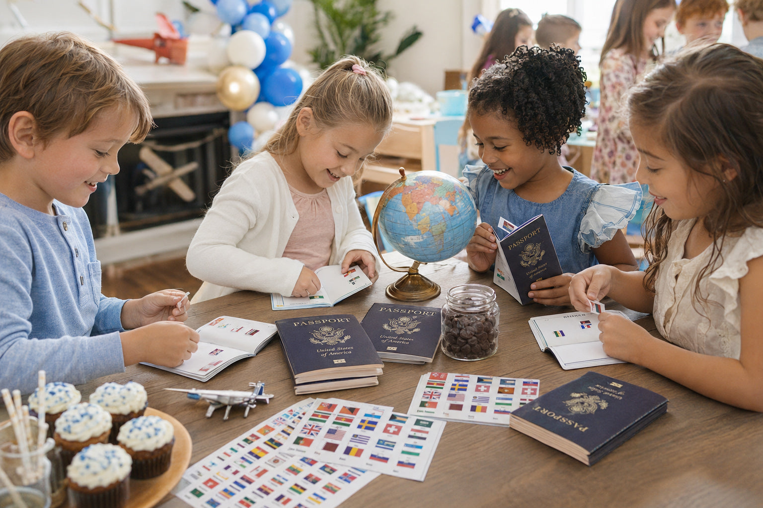 Travel-themed birthday party for kids with pretend passports and world flag stickers — party ideas by SJPrinter