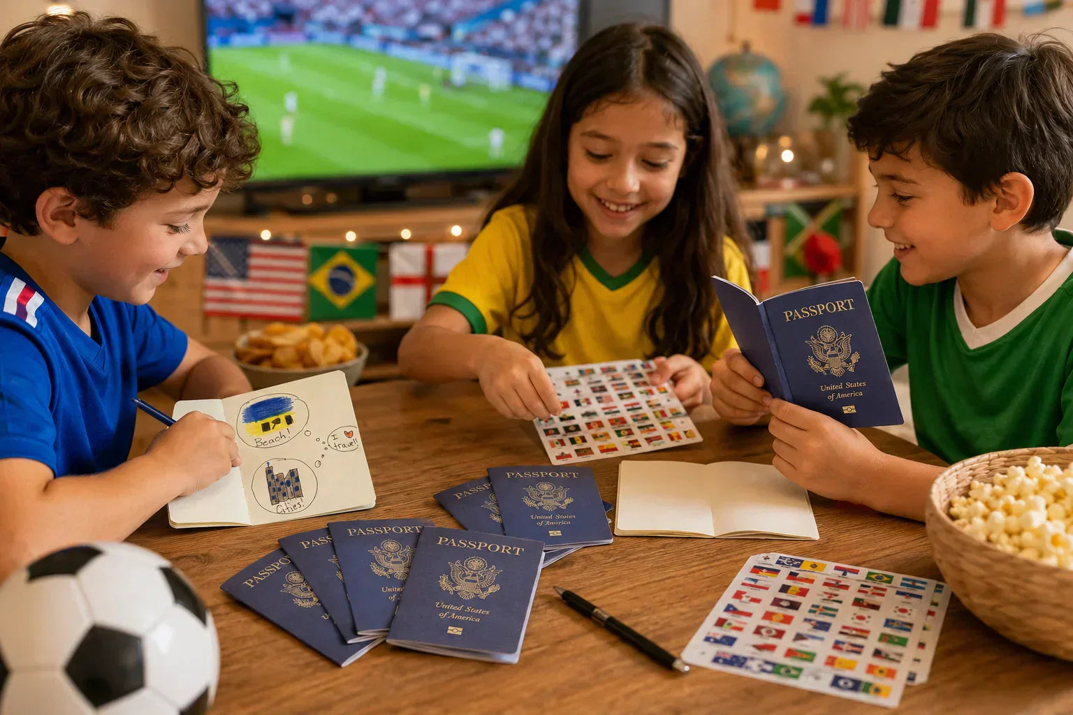 World Cup 2026 watch party activities for kids — world flags stickers and pretend passports by SJPrinter
