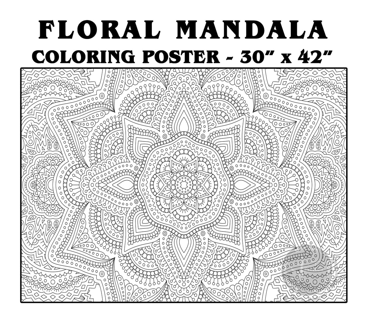 Giant floral mandala coloring poster for adults — 30x42 inches, therapeutic coloring by SJPrinter