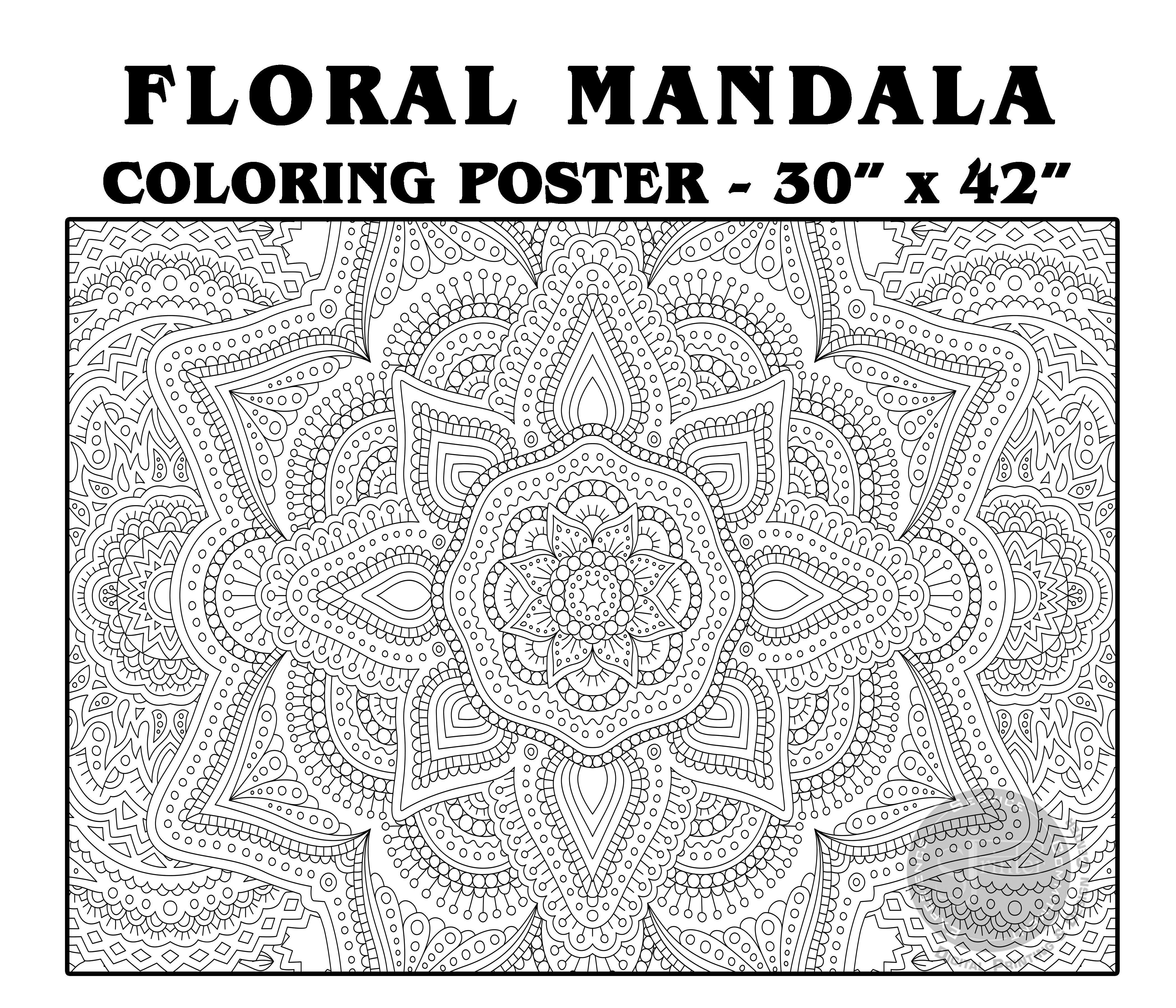 Giant floral mandala coloring poster for adults — 30x42 inches, therapeutic coloring by SJPrinter