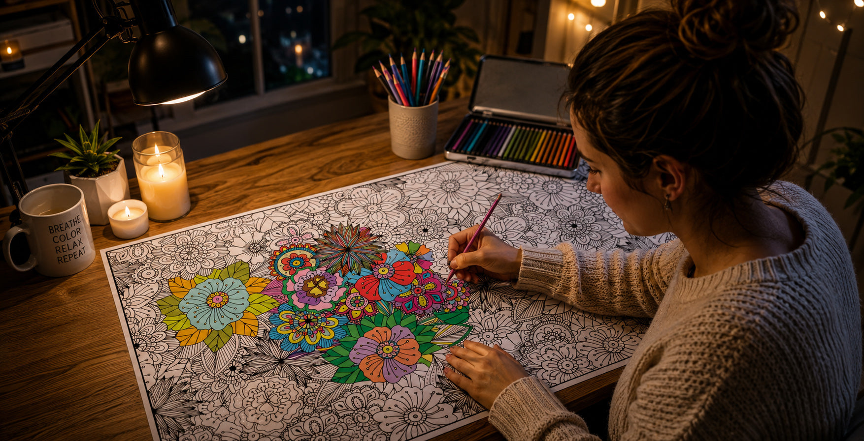Adult coloring a giant mandala poster at night — stress relief coloring activity by SJPrinter