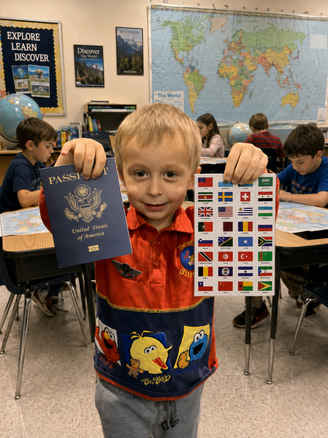 Boy holding a novelty passport and world flags sticker sheet by SJPrinter in an elementary school classroom geography lesson