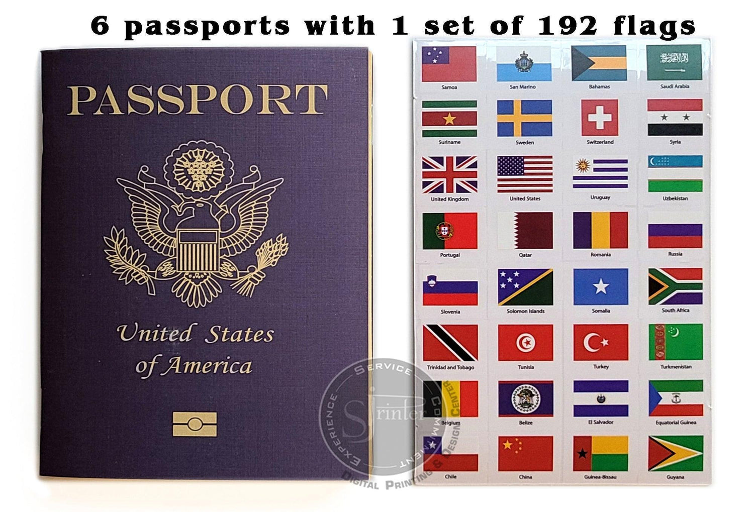SJPrinter pretend passport 6-pack with 192 world flags stickers for kids