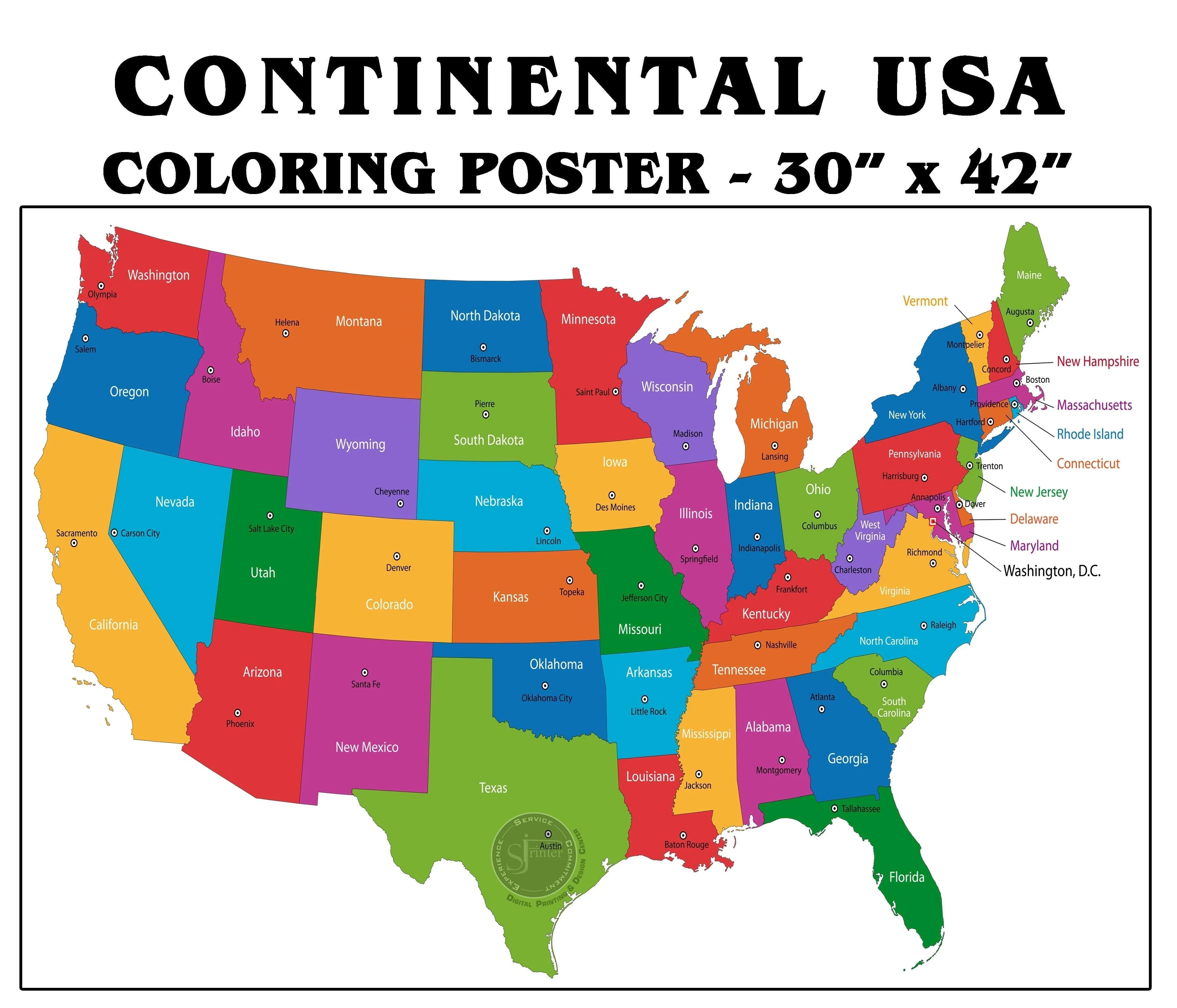 Continental USA coloring poster 30x42 inches — all 48 states colored and labeled with state names and capitals, printed by SJPrinter in Cherry Hill NJ