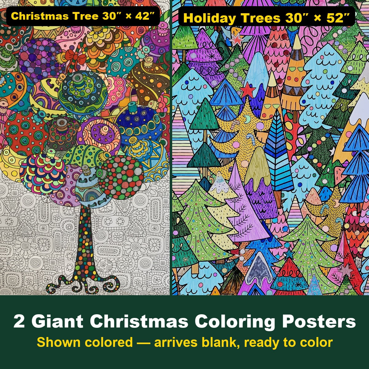 Christmas Tree 30x42 and Holiday Trees 30x52 giant coloring posters shown colored, 2-pack