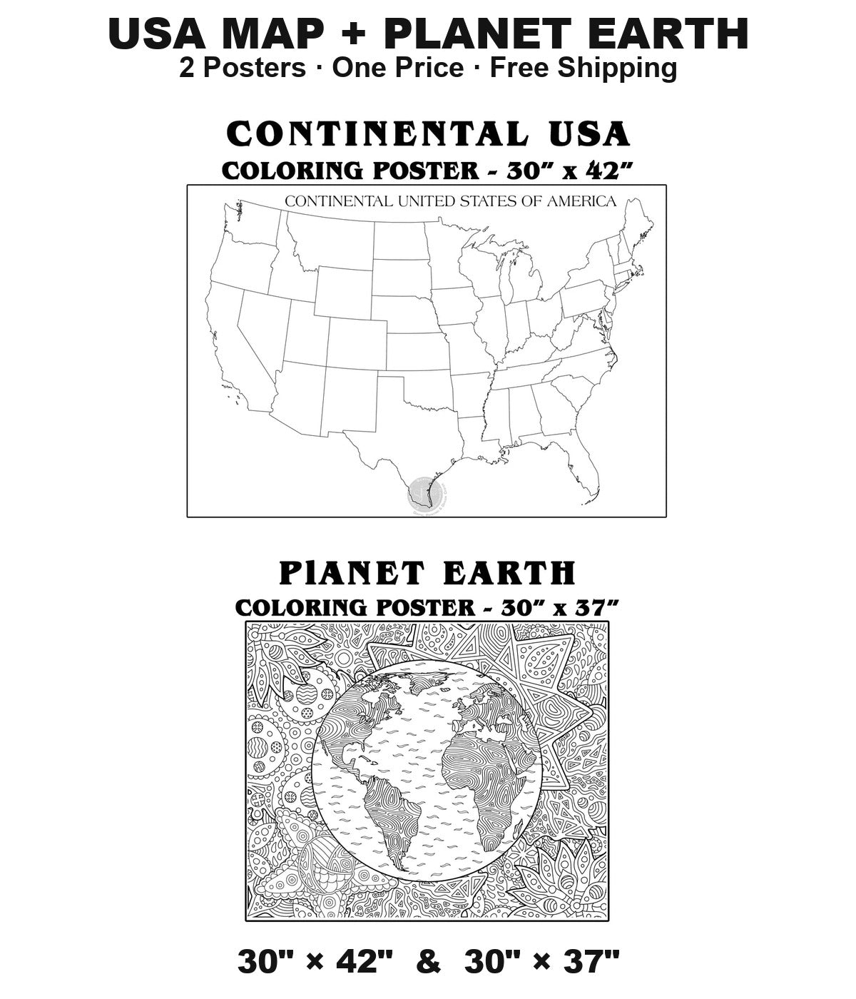USA Map and Planet Earth giant coloring posters, 2-pack, 30x42 and 30x37 inches