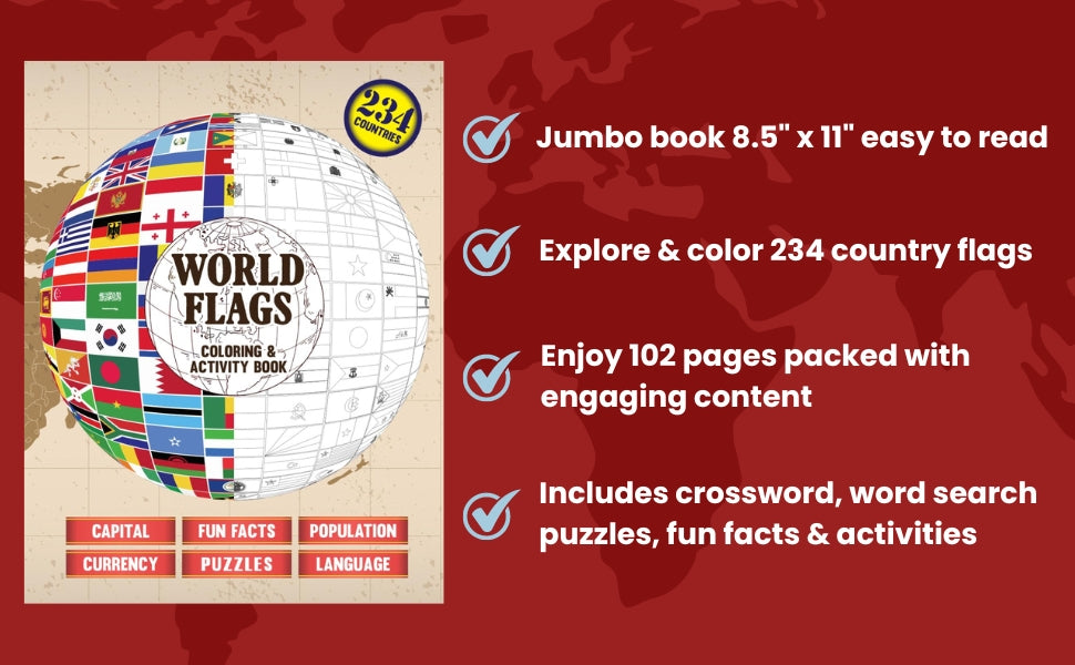World Flags Coloring and Activity Book with Flag stickers: Geography Gift for Kids and Adults - Color 234 Flags, Learn Capitals, Currencies - SJPrinter