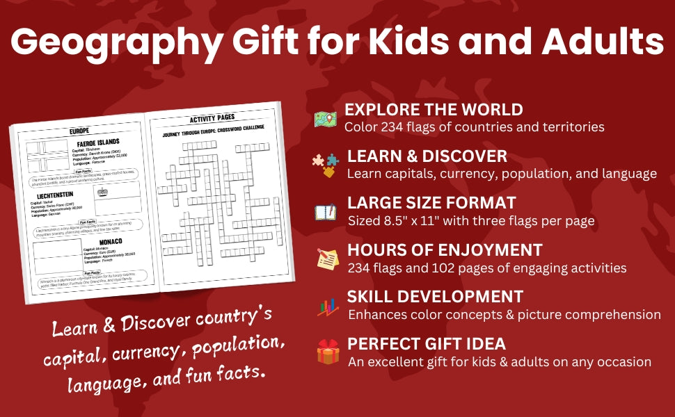 World Flags Coloring and Activity Book with Flag stickers: Geography Gift for Kids and Adults - Color 234 Flags, Learn Capitals, Currencies - SJPrinter