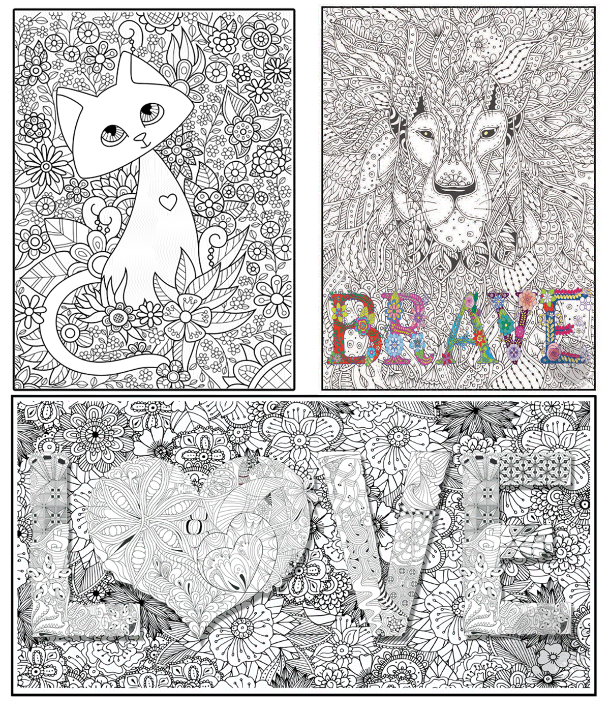 Coloring poster bundle – CAT, BRAVE & LOVE – SJPrinter Cherry Hill NJ