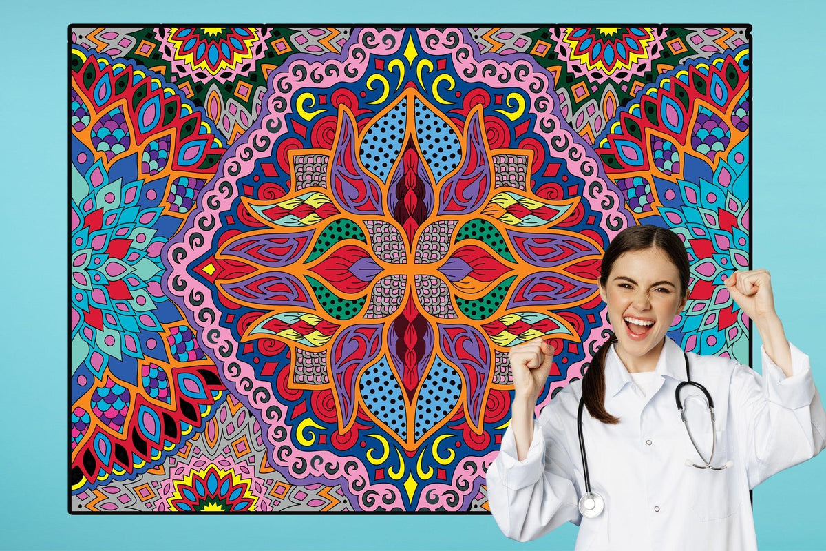 Fire Mandala coloring poster 30×42" – intricate line art, printed in USA