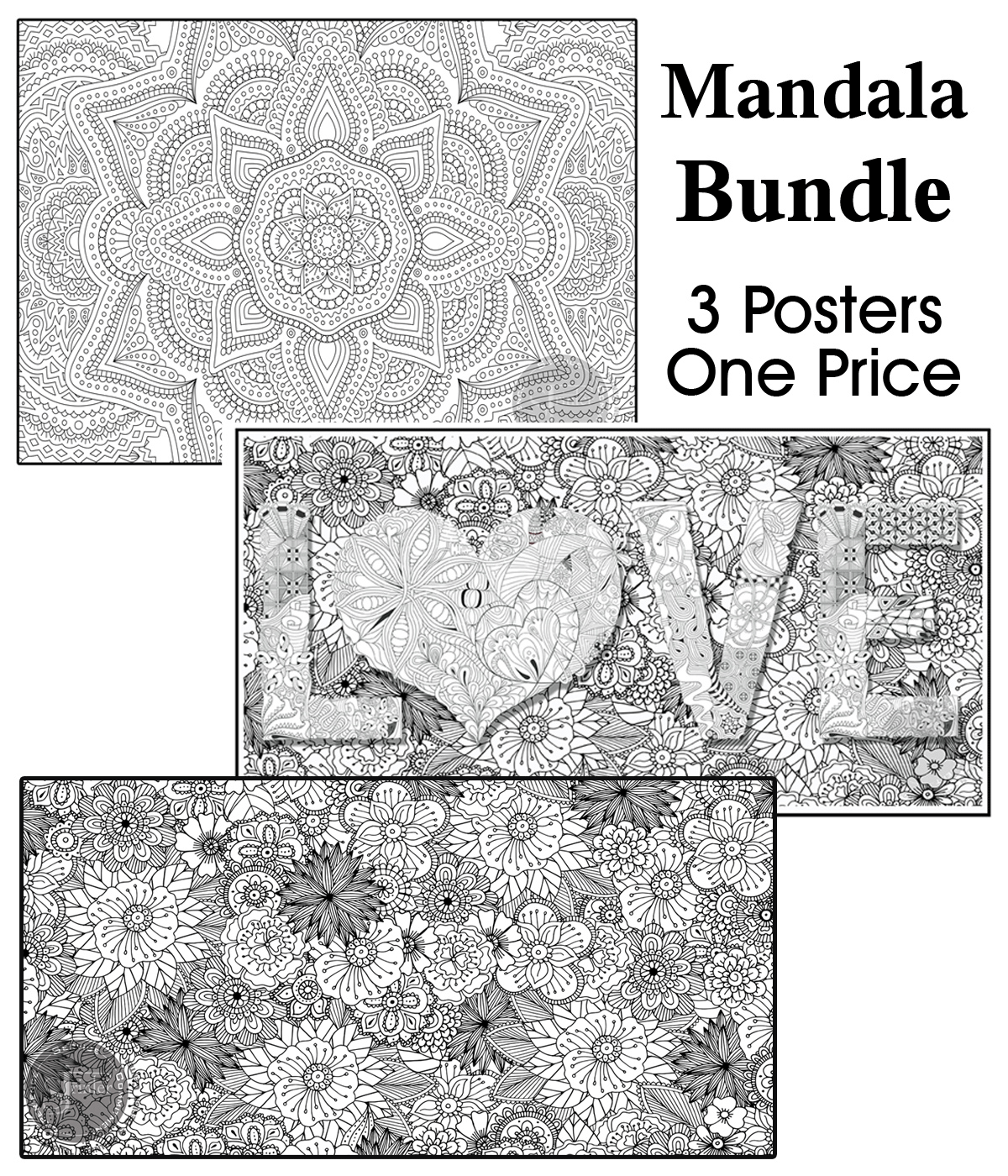 Coloring poster bundle – Flower Mandala + Flowers + LOVE – SJPrinter Cherry Hill NJ