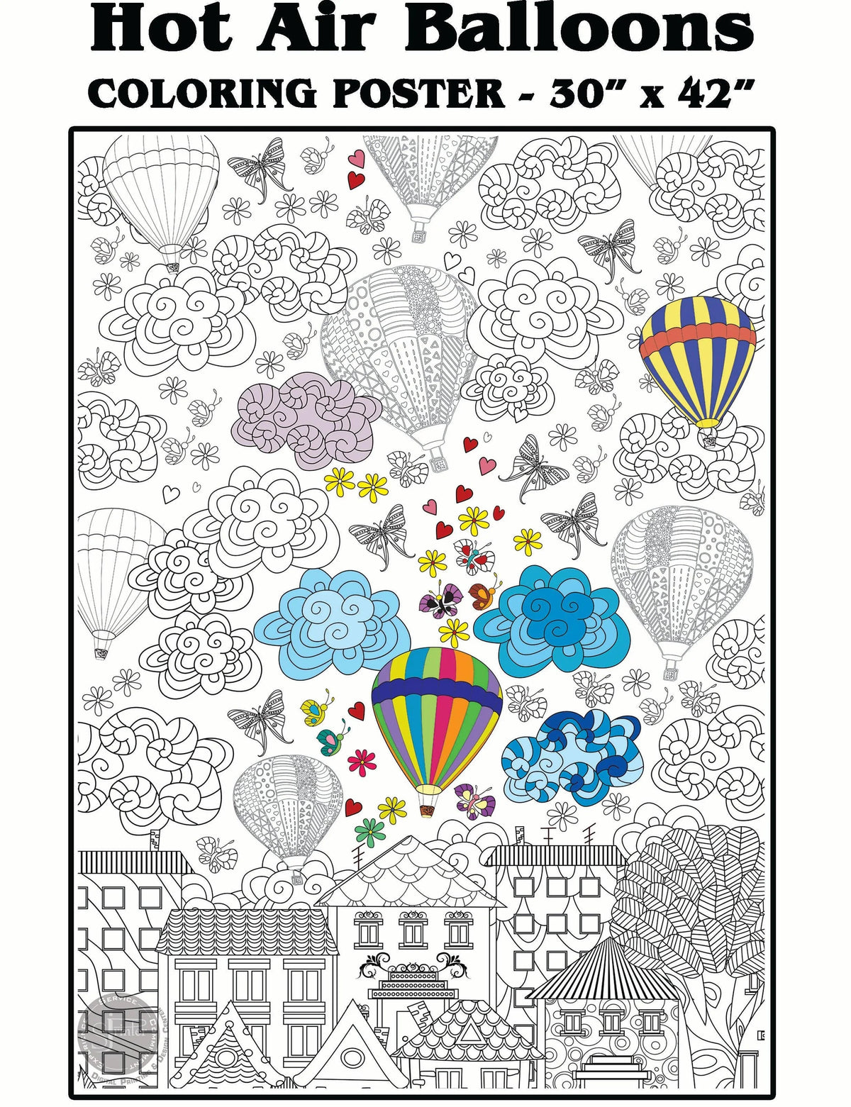 Hot Air Balloons coloring poster 30×42" – intricate line art, printed in USA