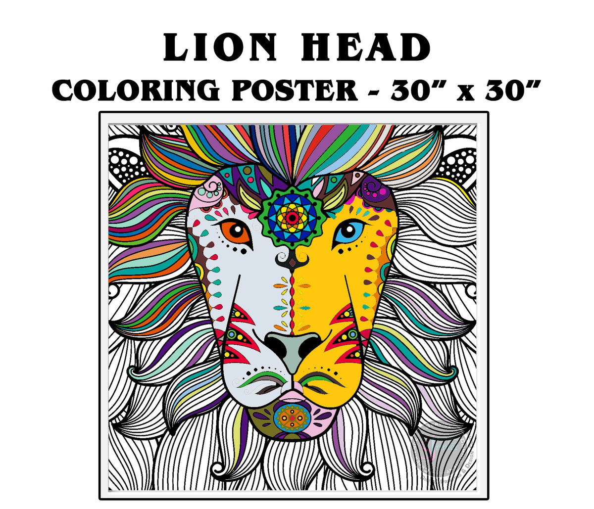 Coloring poster – Lion Head Mandala, 30×30" – giant group coloring poster
