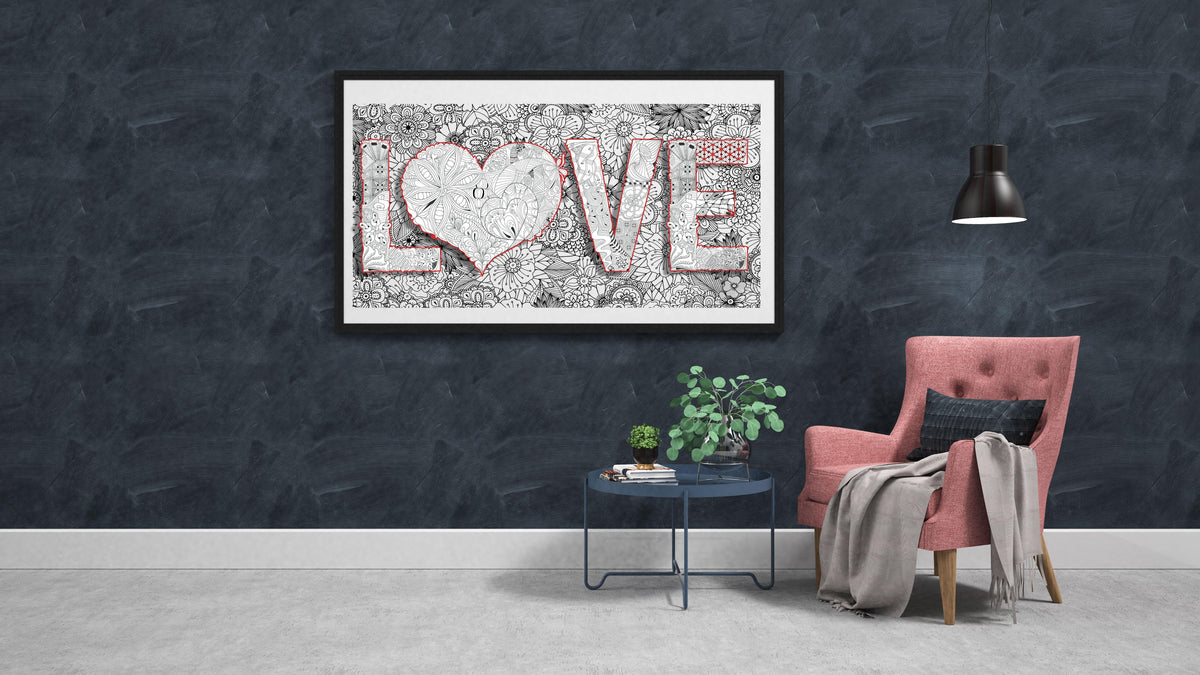 LOVE coloring poster 24×48" – intricate line art, printed in USA