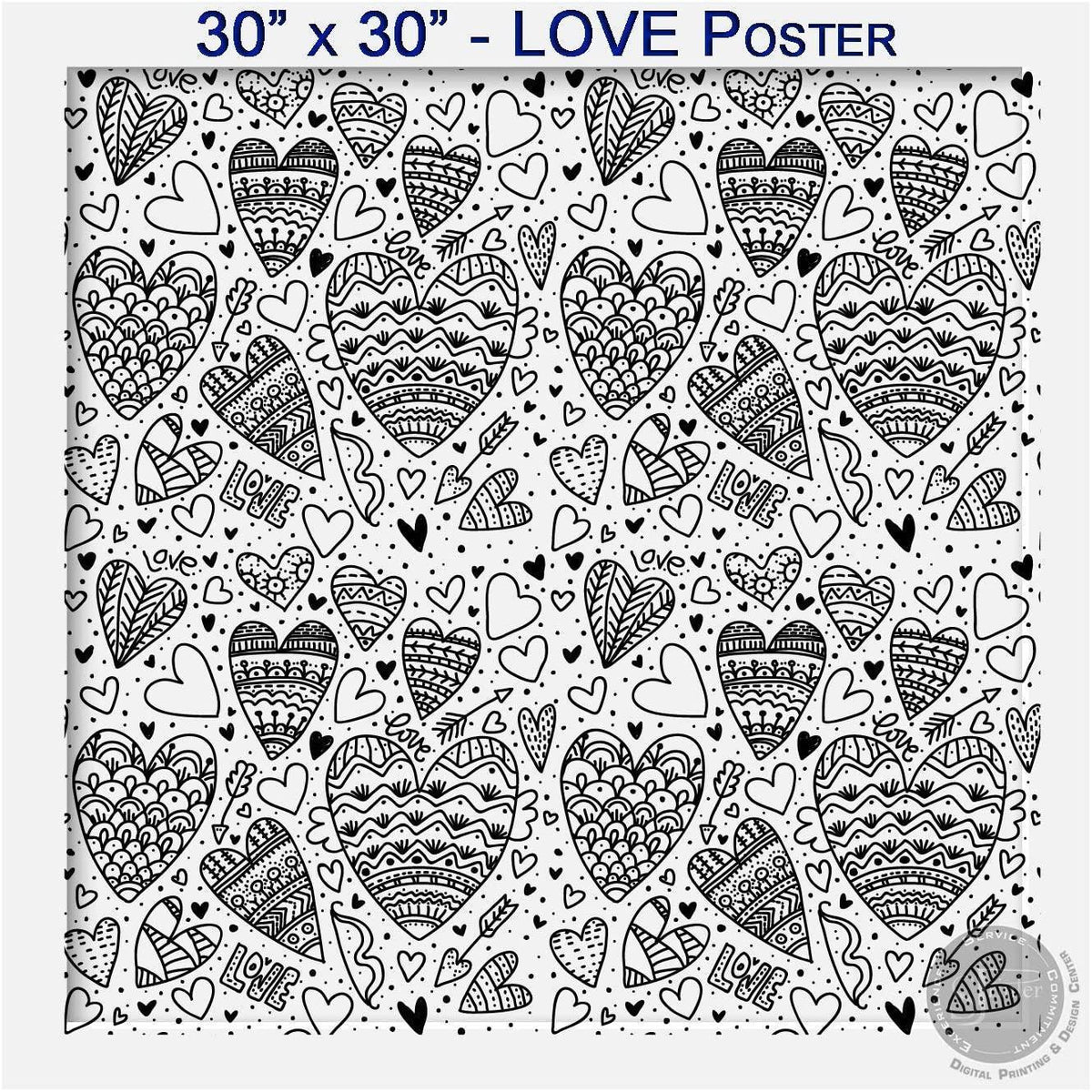 LOVE Square coloring poster 30×30" – intricate line art, printed in USA