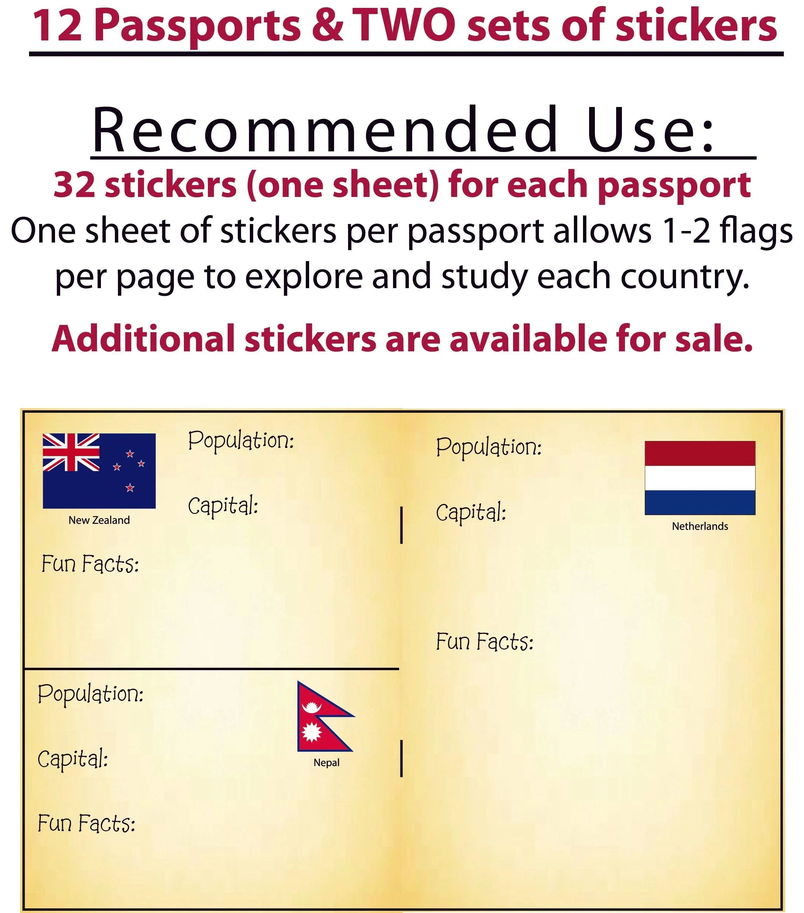 Pretend Passports - 12Pack with 2 sets of World Flags Stickers - SJPrinter