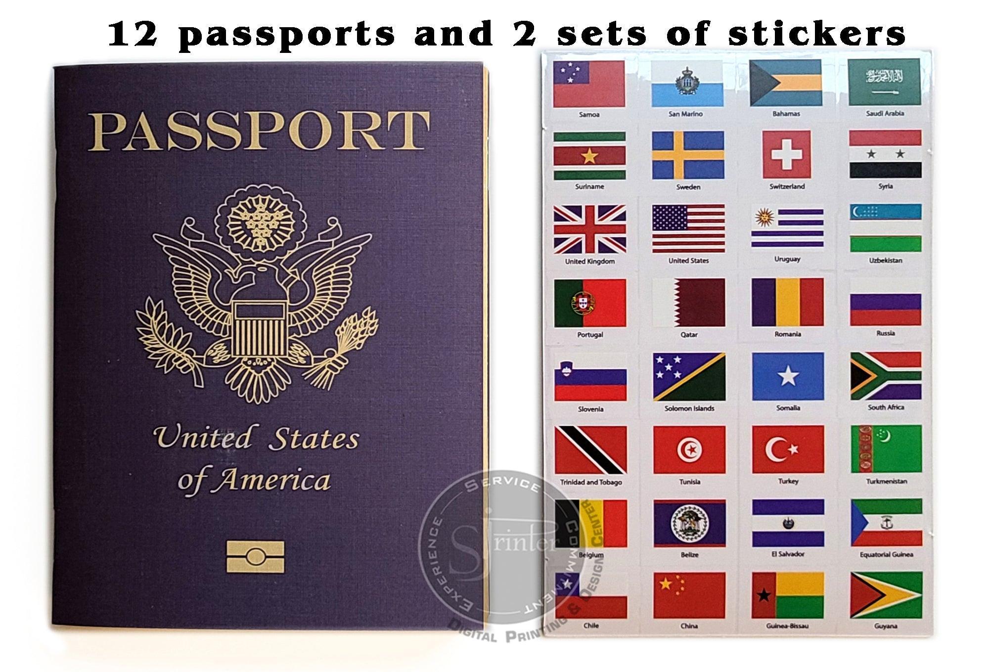 Pretend Passports - 12Pack with 2 sets of World Flags Stickers - SJPrinter