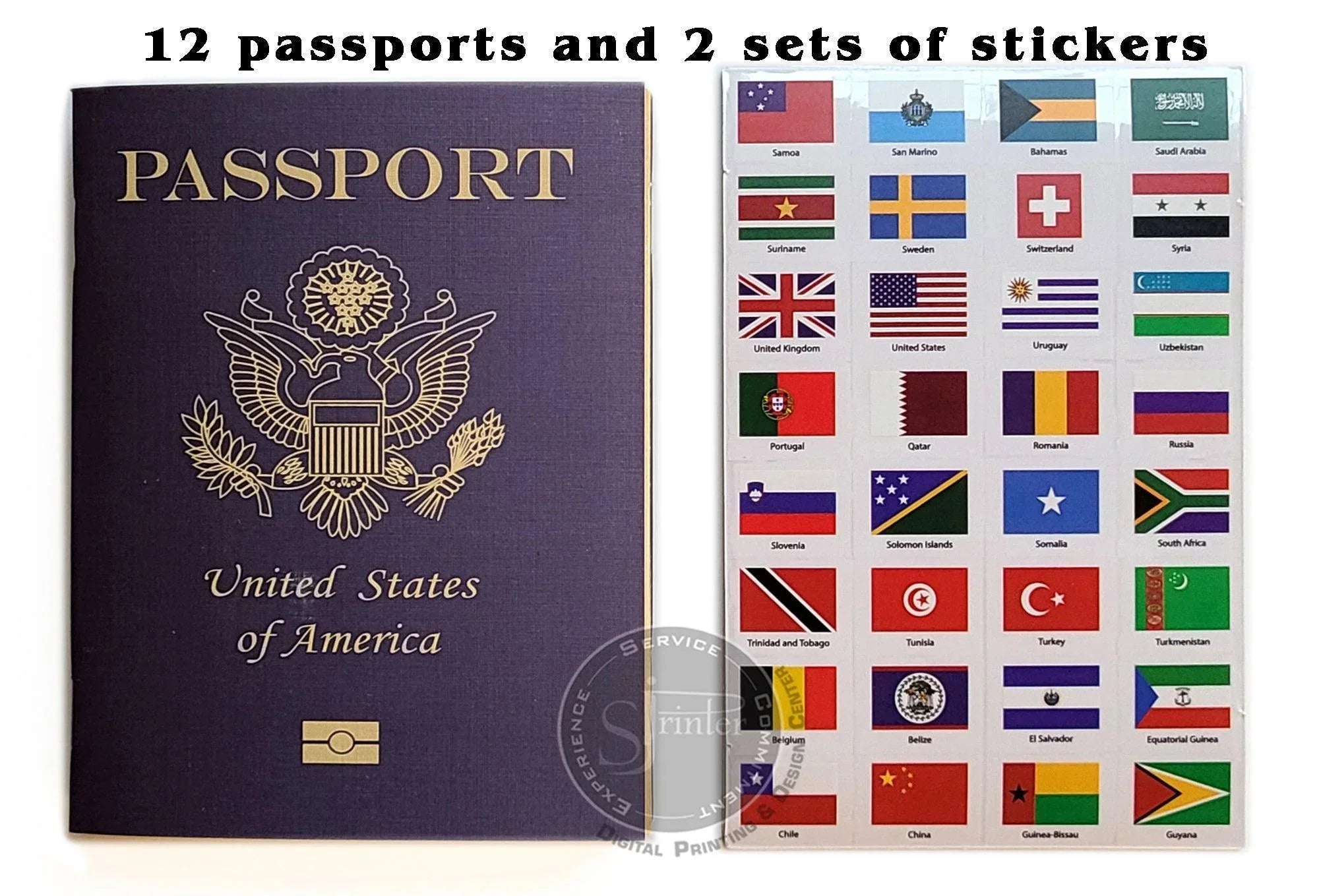 Pretend Passports - 12Pack with 2 sets of World Flags Stickers - SJPrinter