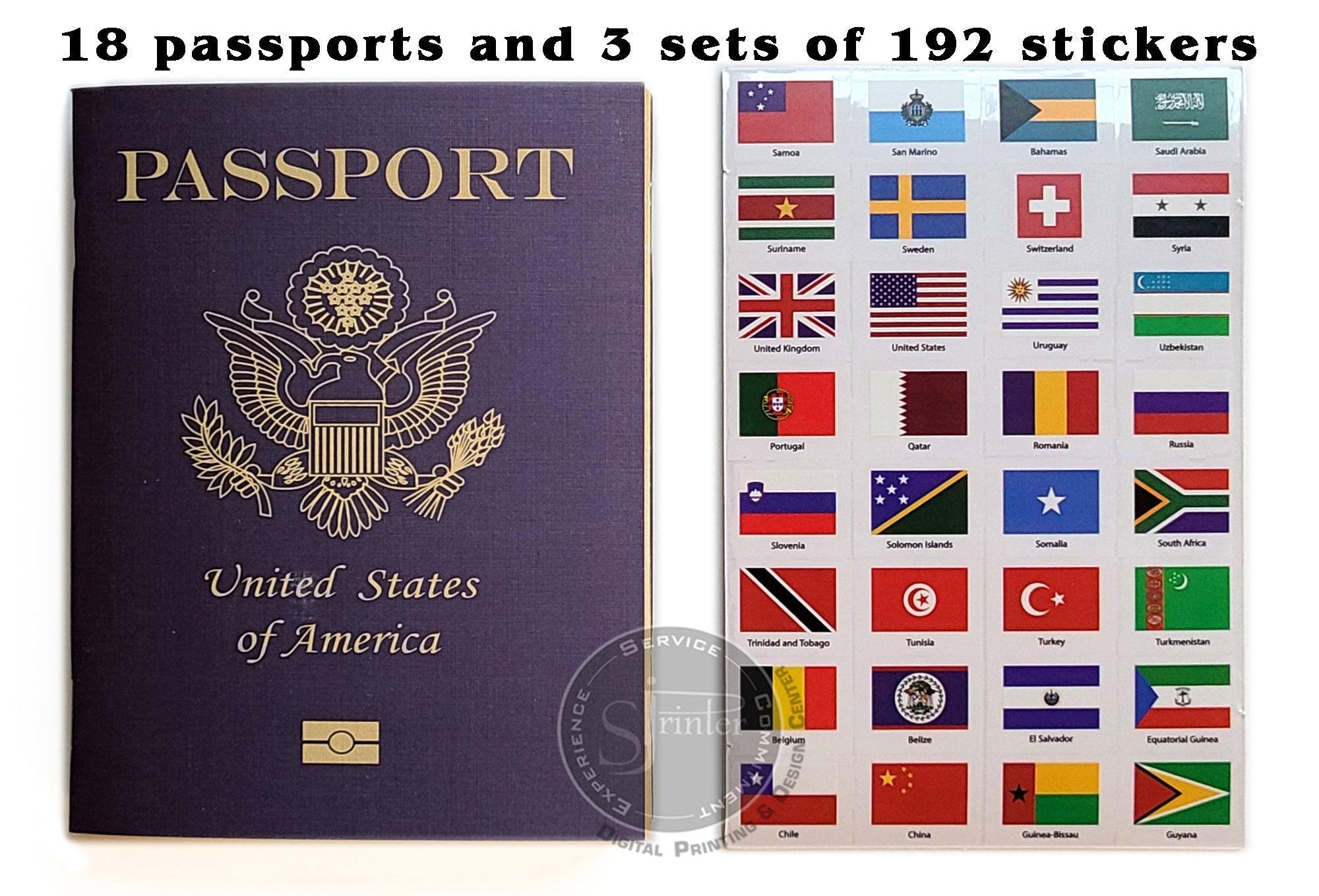 Pretend Passports - 18Pack with 3 sets of World Flags Stickers - SJPrinter 