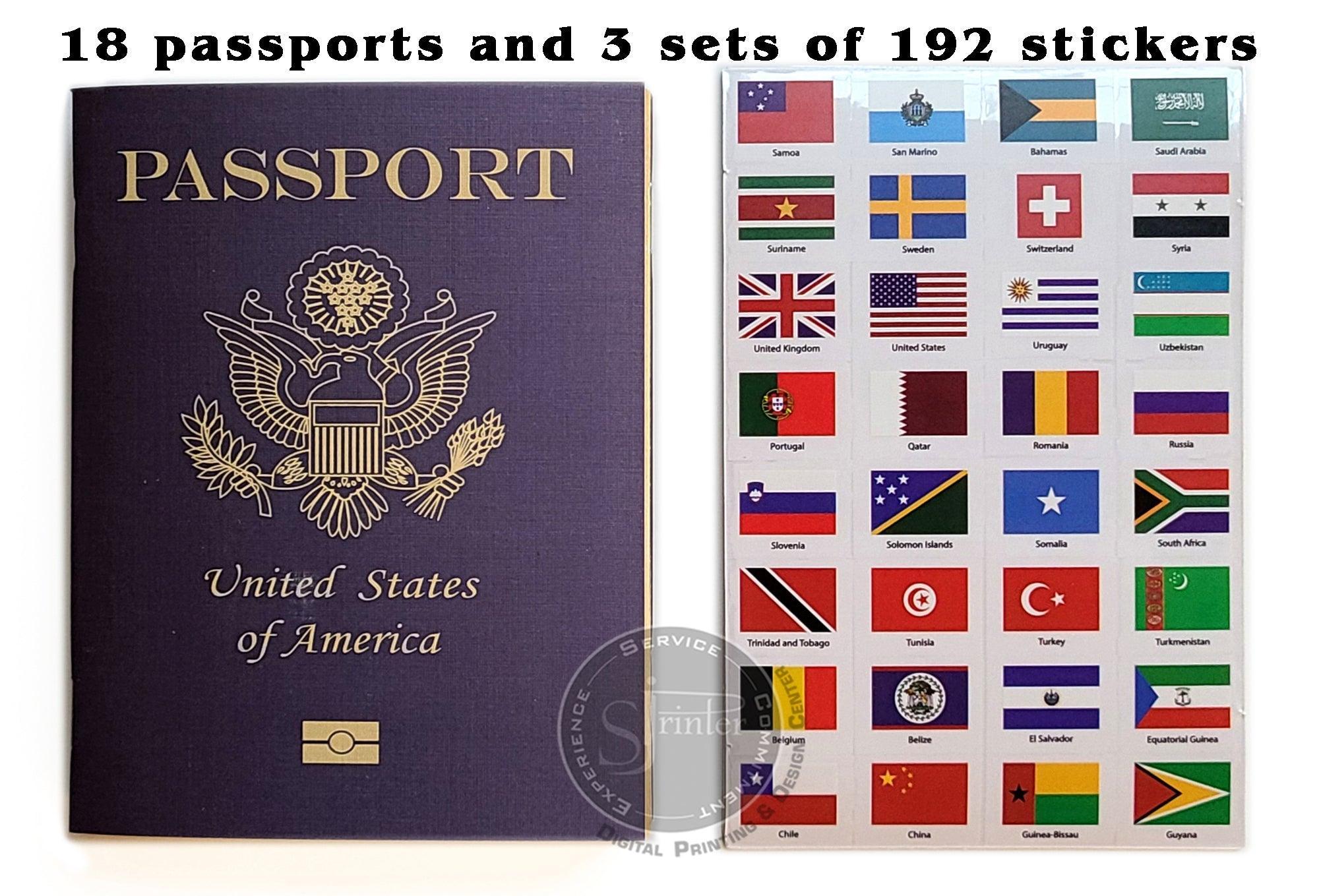 Pretend Passports - 18Pack with 3 sets of World Flags Stickers - SJPrinter