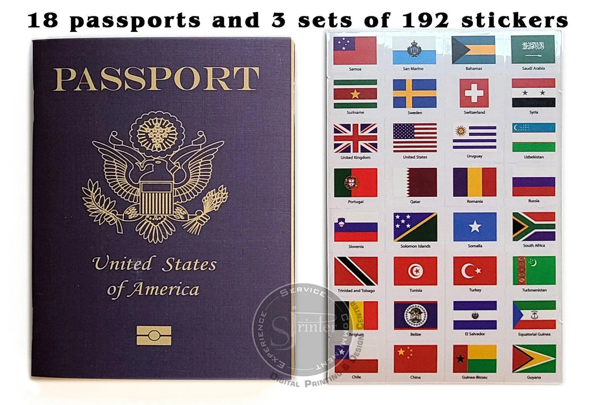 Pretend Passports - 18Pack with 3 sets of World Flags Stickers - SJPrinter