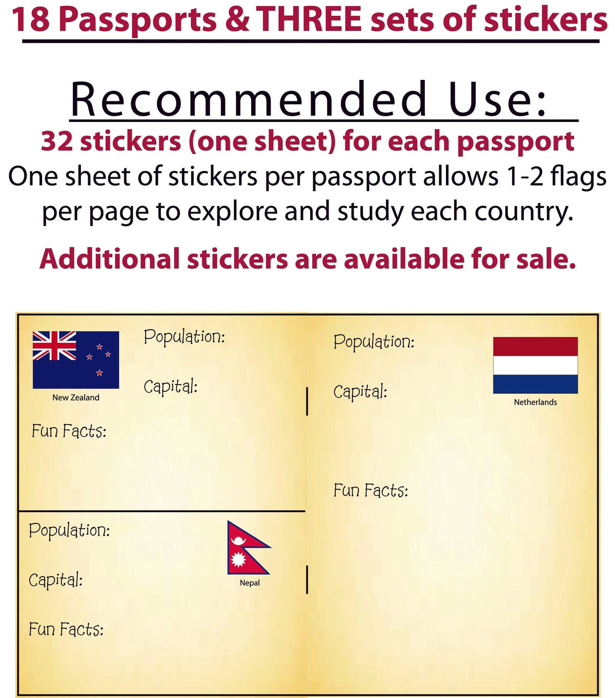 Pretend Passports - 18Pack with 3 sets of World Flags Stickers - SJPrinter