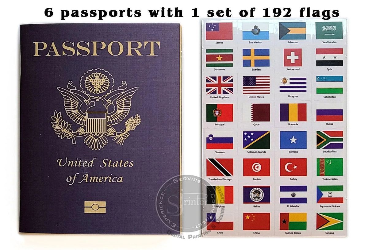 Pretend Passports - 6Pack with 1 set of World Flags Stickers - SJPrinter