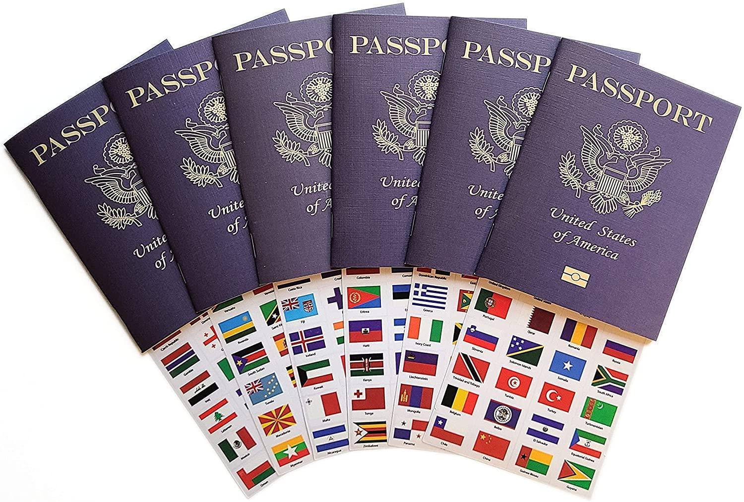 Pretend Passports - 6Pack with 1 set of World Flags Stickers - SJPrinter