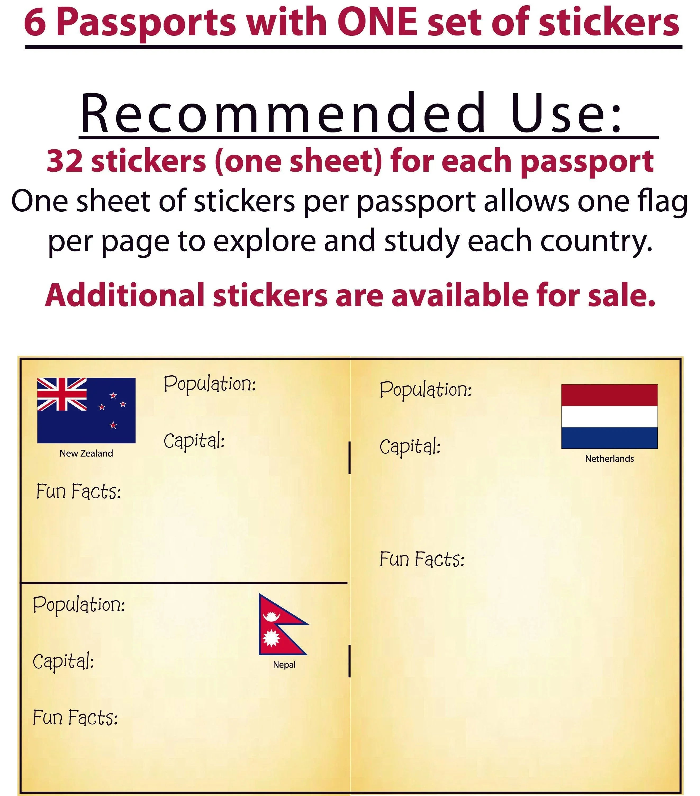 Pretend Passports - 6Pack with 1 set of World Flags Stickers - SJPrinter