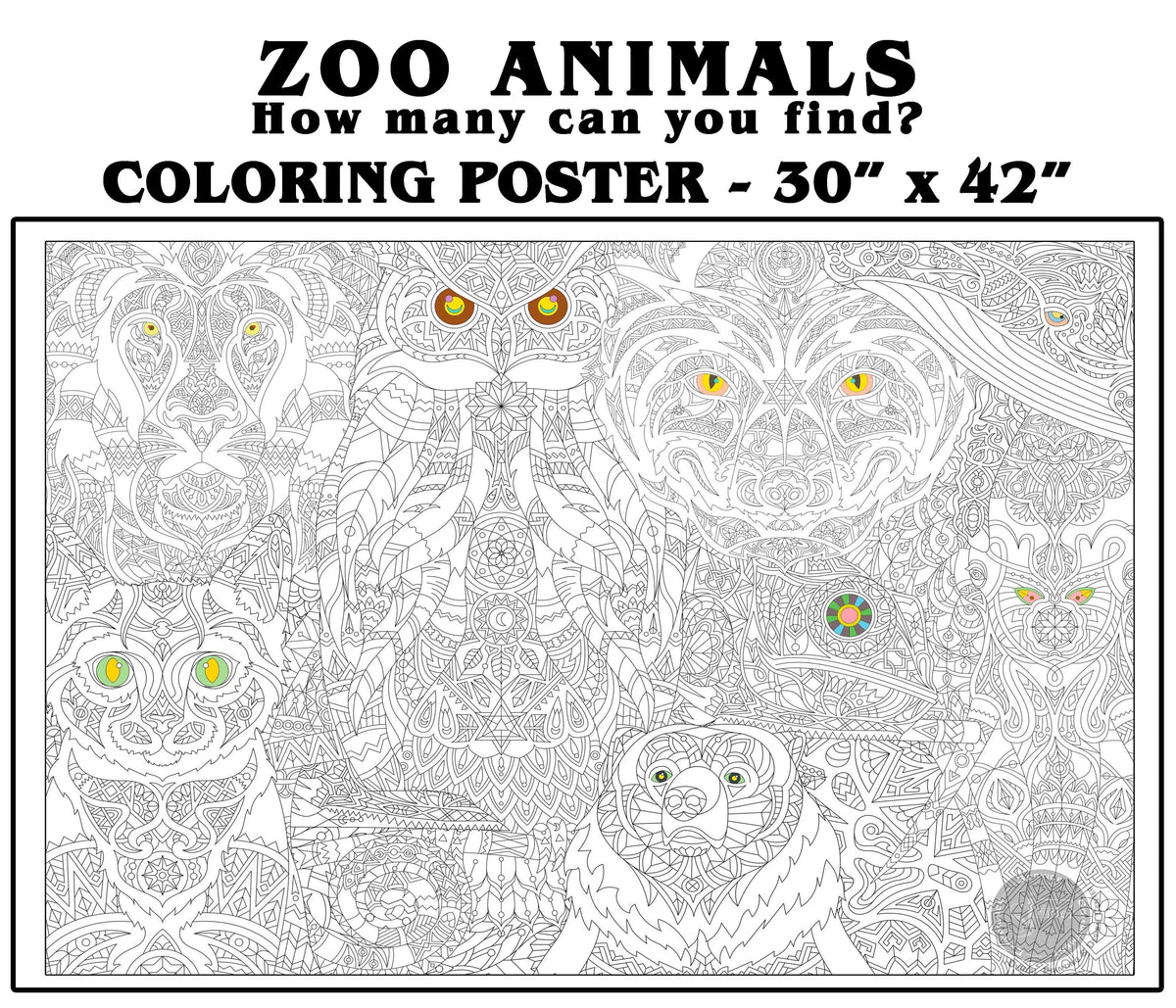 Coloring poster – ZOO ANIMALS MANDALA, 30×42" – giant group coloring poster