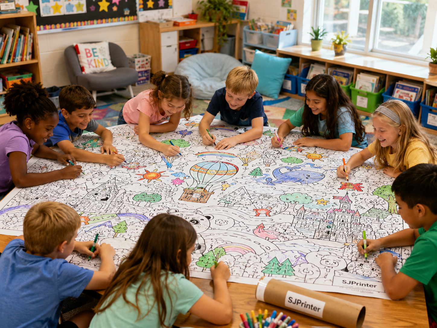 Classroom brain break with giant coloring poster — students coloring together during brain break activity, by SJPrinter