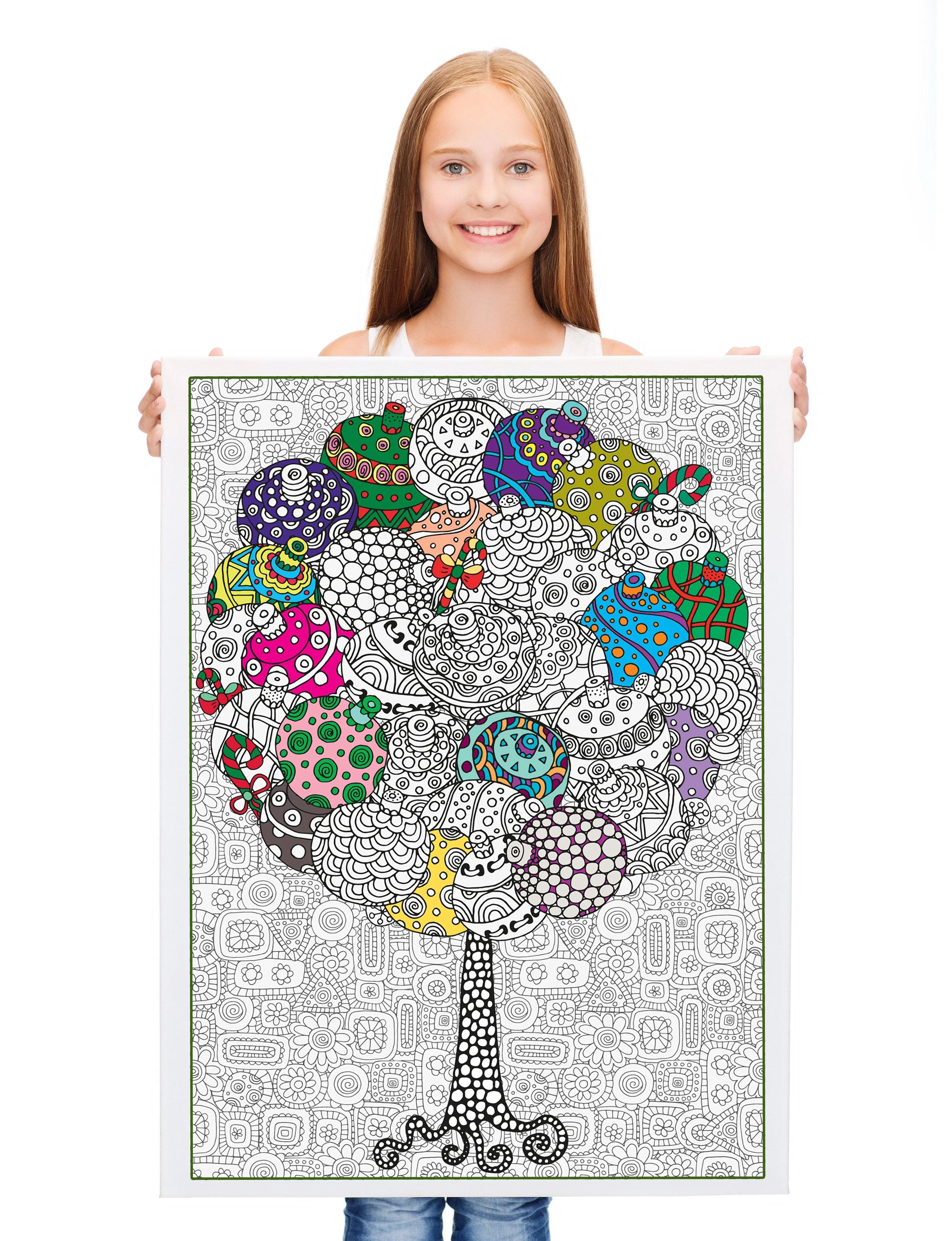 Girl holding the SJPRINTER Giant Christmas Tree Coloring Poster 30×42 — zentangle ornament design partially colored in purple, teal, pink, and yellow, showing full scale