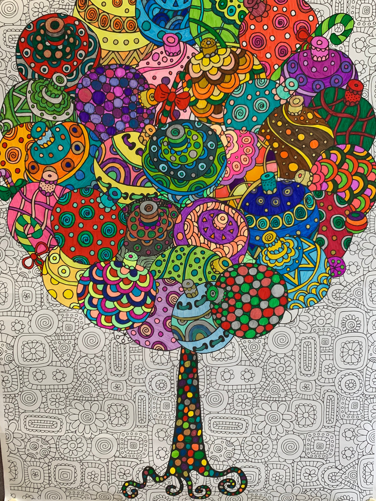 Giant Christmas Tree coloring poster colored together during a holiday visit