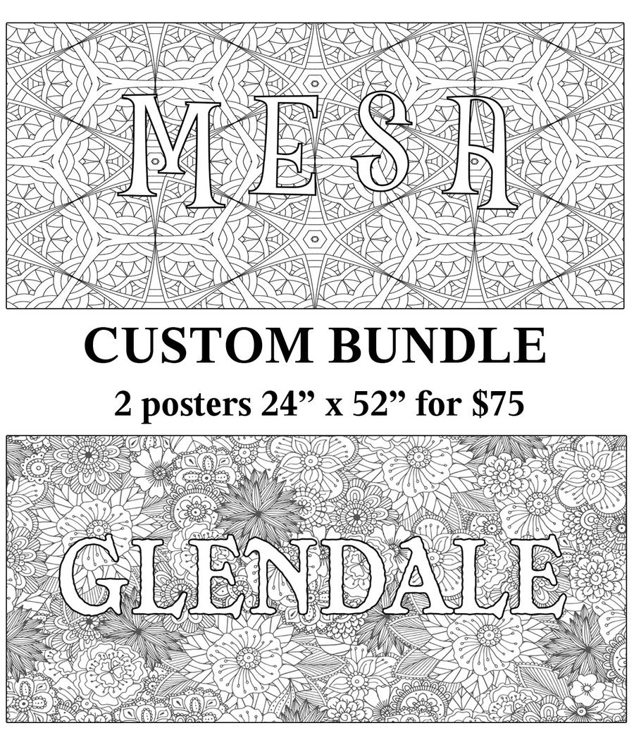 Two custom giant coloring posters, 24 x 52 inches, personalized with the names MESA and GLENDALE, printed by SJPrinter in Cherry Hill, NJ