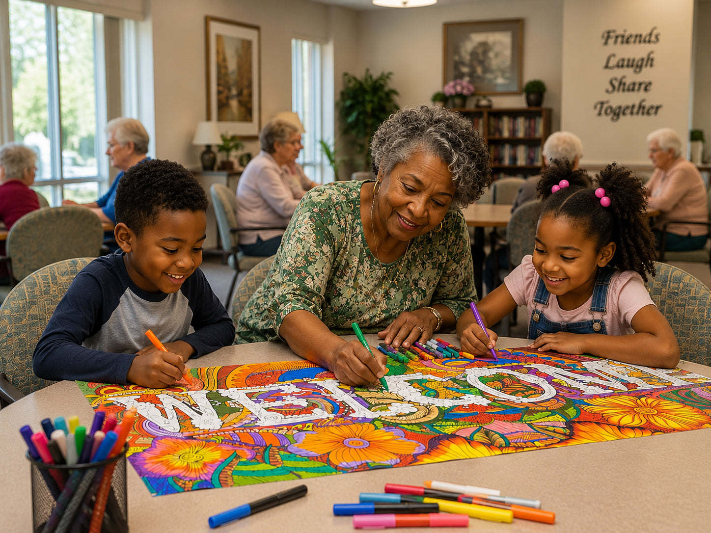 Family visiting elderly parent at senior center coloring a giant 30x42 poster together — grandchildren and grandmother sharing a Family Connection Canvas