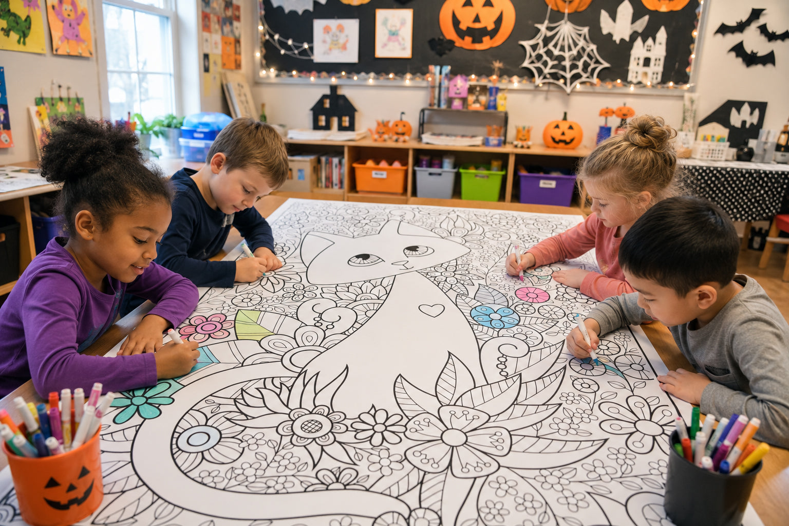 Four kids coloring giant CAT poster in a Halloween classroom — giant coloring poster for kids by SJPrinter NJ