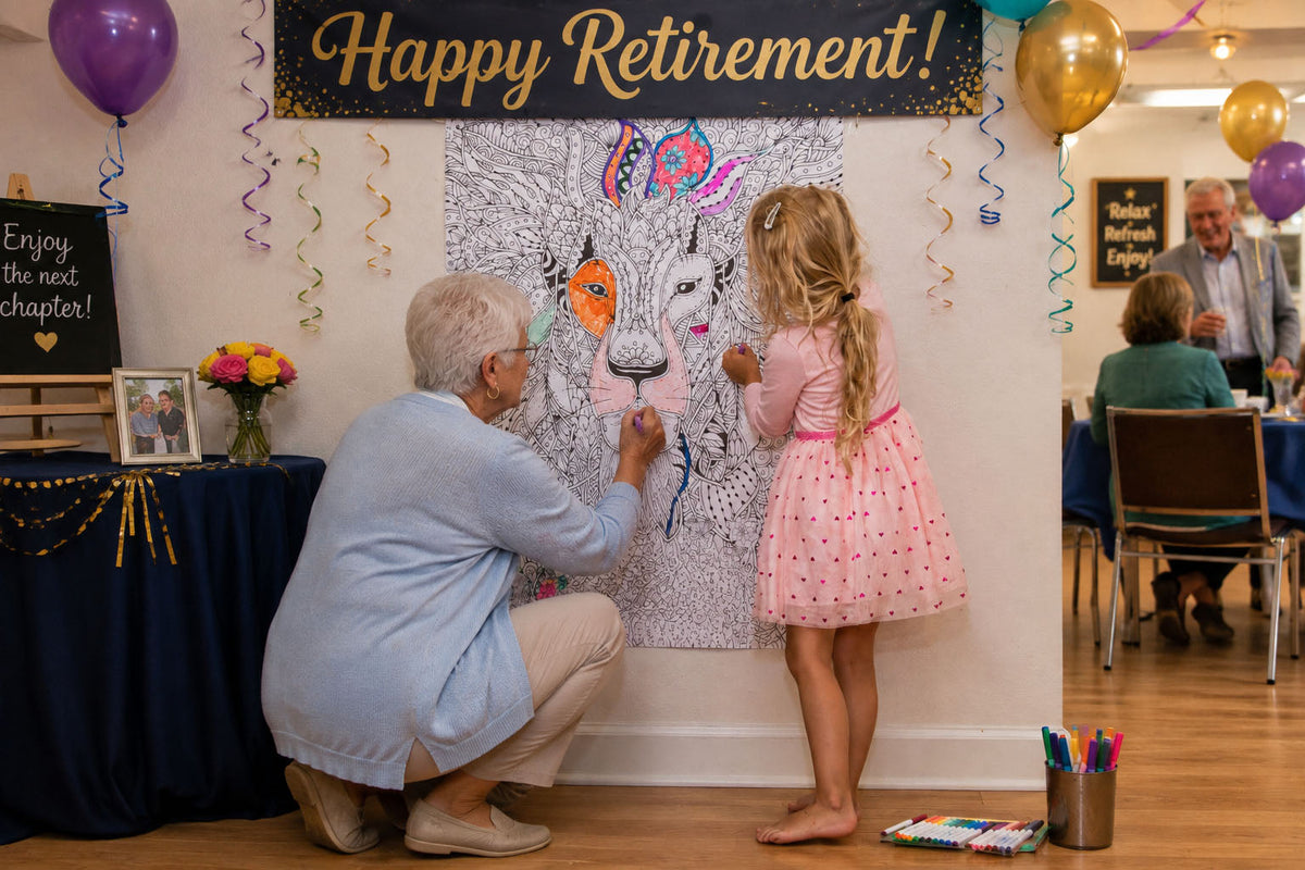 Grandmother and granddaughter coloring a giant coloring poster together at a retirement party, Happy Retirement banner above