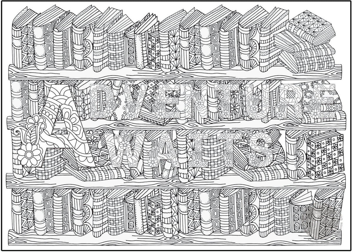Library coloring poster design, uncolored, showing a bookshelf scene with the words Adventure Awaits
