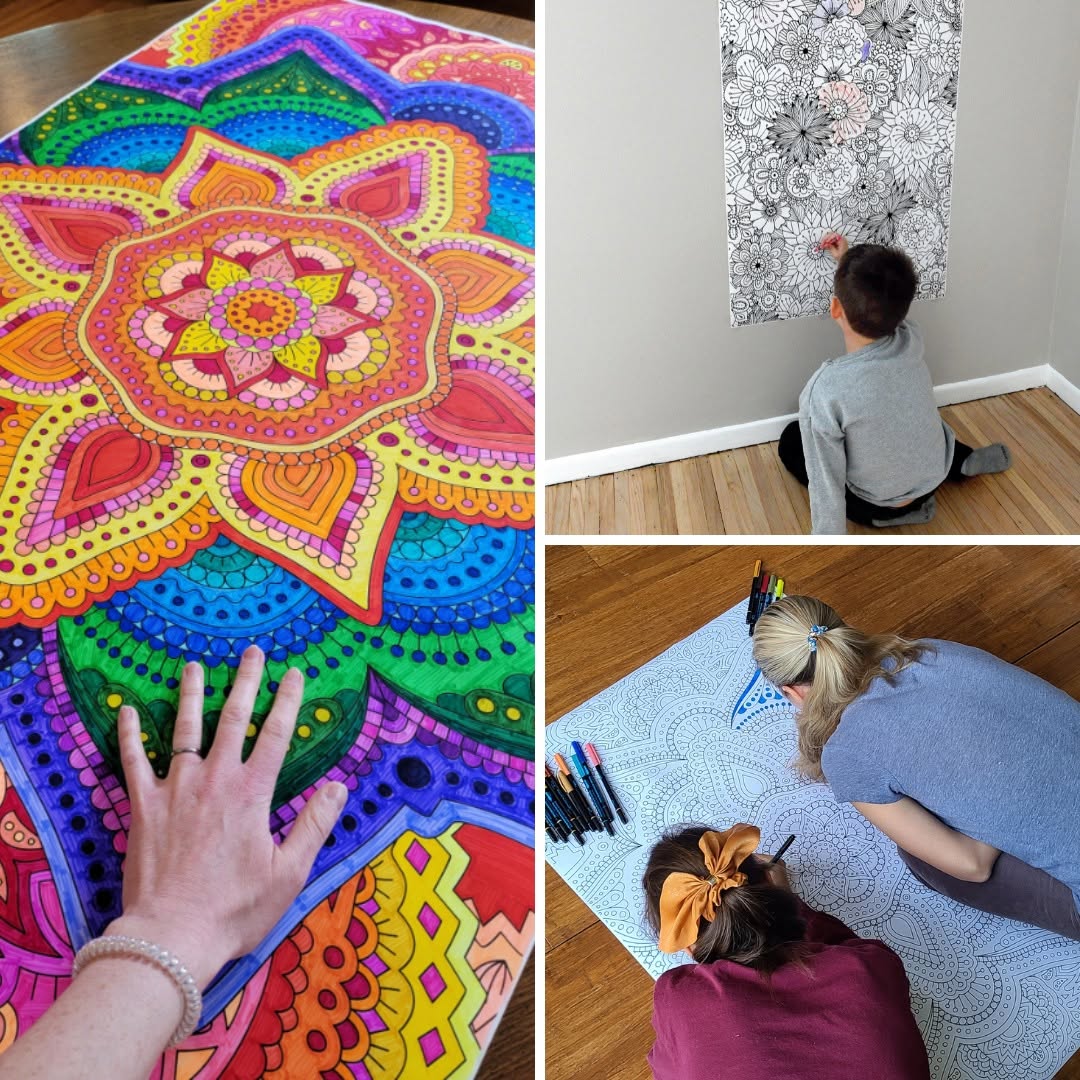 Giant coloring poster collage: vivid completed mandala, child coloring solo, two girls coloring on floor — SJPrinter Store NJ