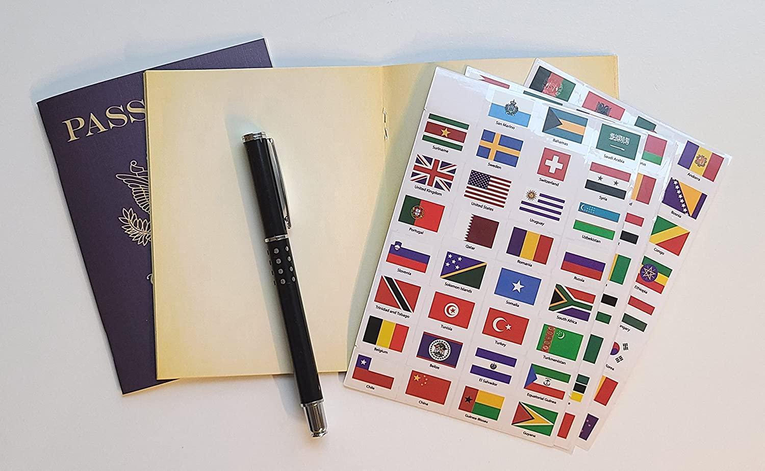 Pretend passport booklet open with blank pages, pen, and world flag stickers sheet showing 192 country flags