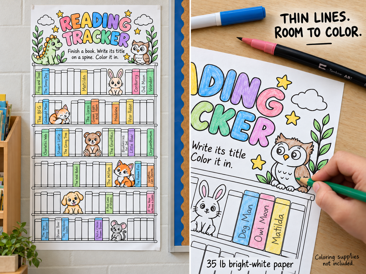 Reading Tracker coloring poster partly colored, hanging in a classroom with book titles written on the spines