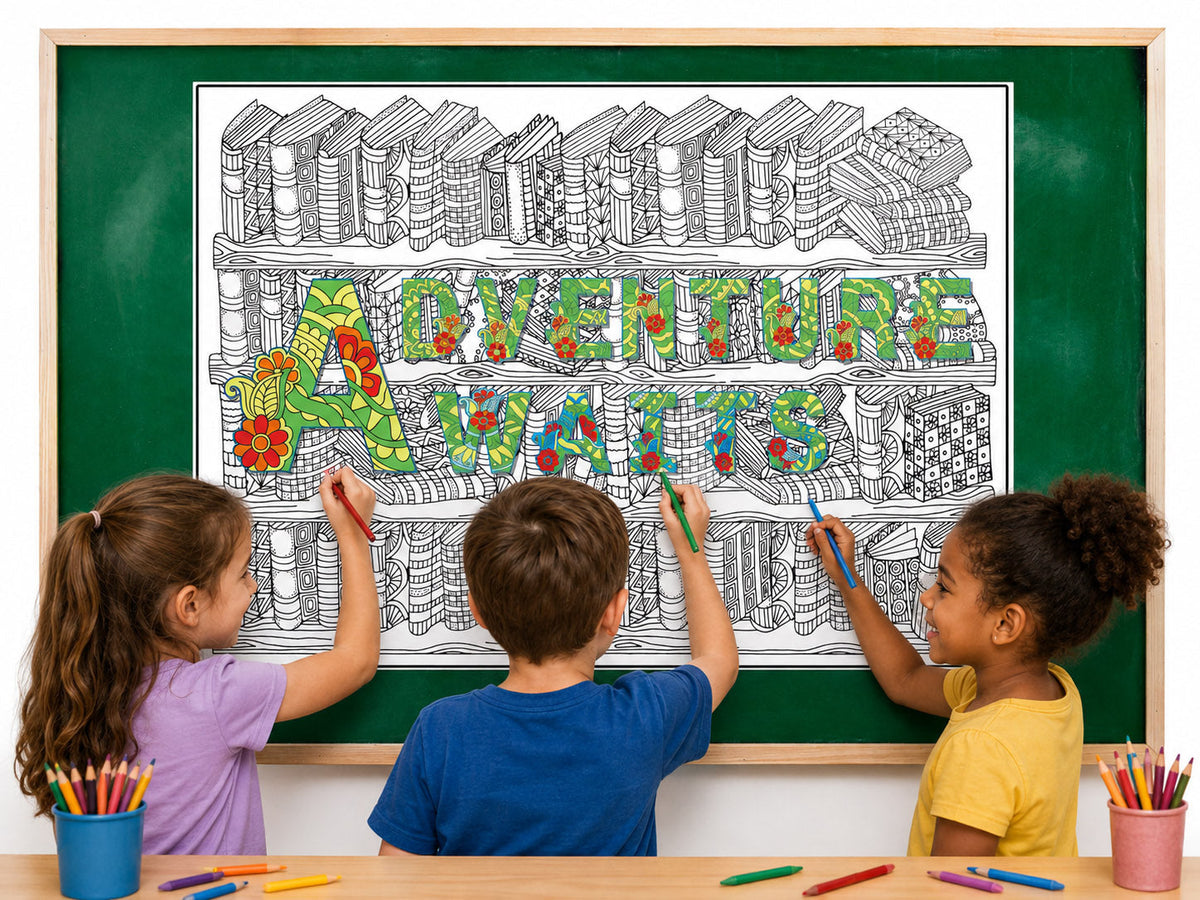 Three kids coloring a giant Adventure Awaits coloring poster mounted on a chalkboard by SJPrinter Cherry Hill NJ