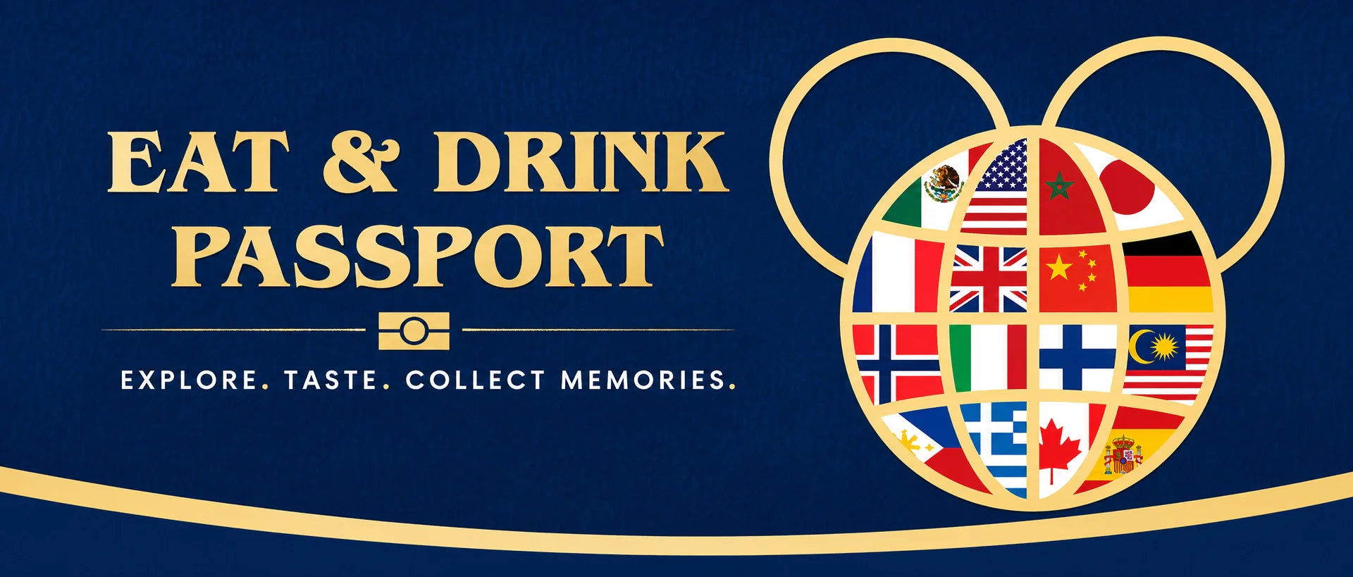 Epcot Eat & Drink Passport by SJPrinter — dark blue linen cover with world flags globe design