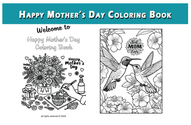 Happy Mothers Day Coloring Book for Kids Large Collection of Cute Baby Animals, Dolphins, Turtles, Dinosaurs, Birds, Flowers, Animals - SJPrinter 