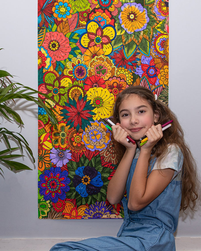 Girl with a giant colored Flowers coloring poster