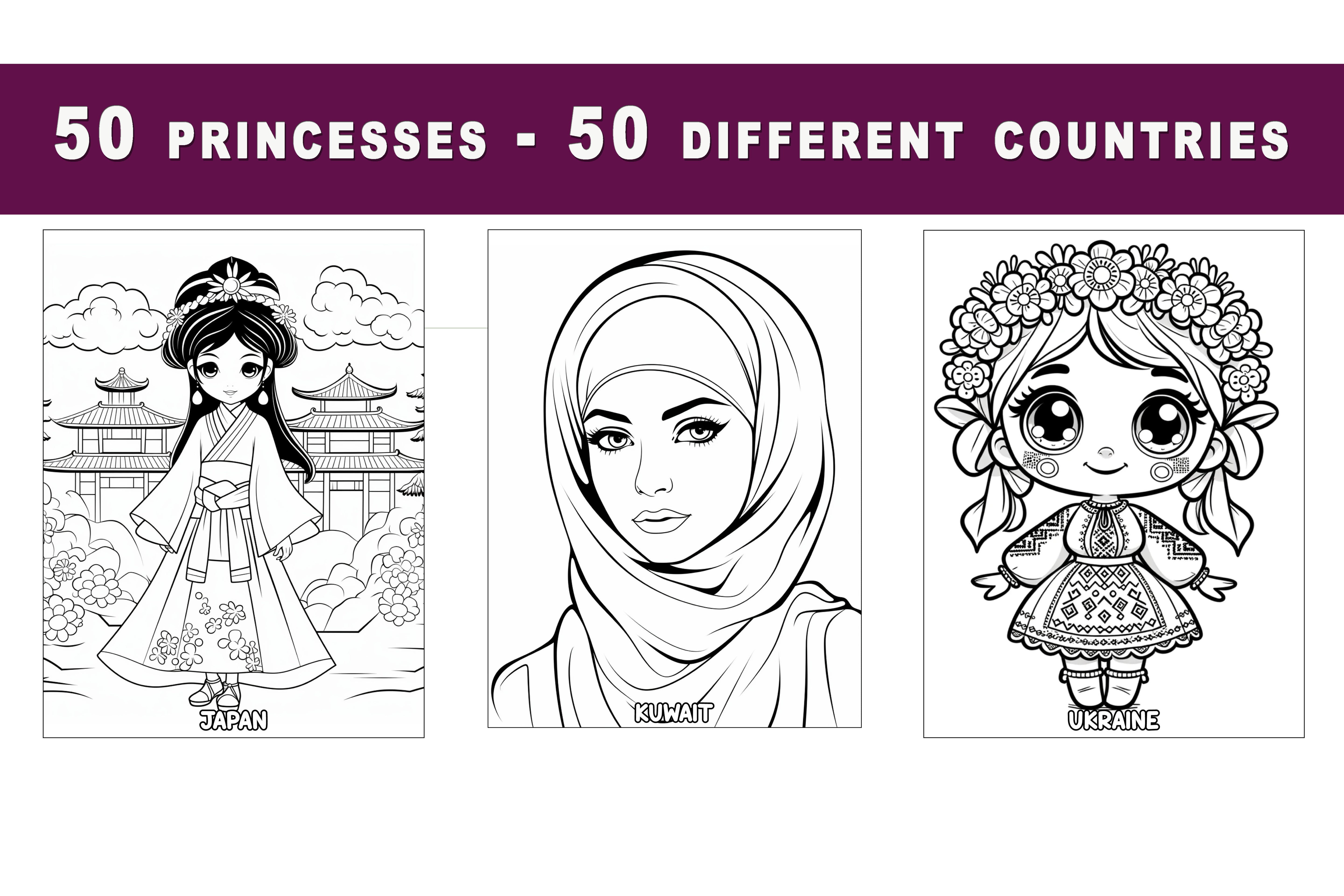 Princess Coloring Book A Global Journey in 50 Colors: World travel big book kids adults teens, 50 princesses 50 different countries - SJPrinter 